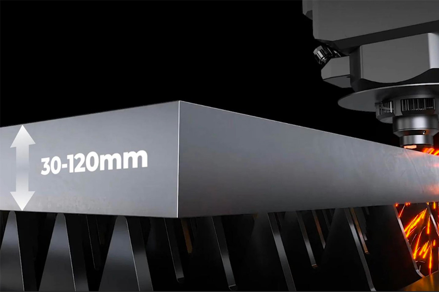graphic showing metal thickness of 30mm to 120mm and laser head with sparks