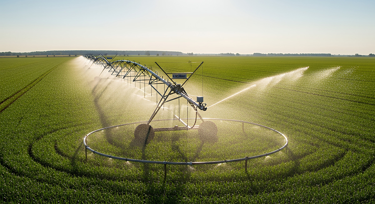 Modern center-pivot irrigation system watering green crops against bright sunlit landscape