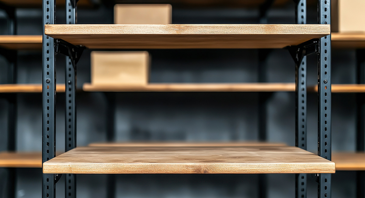 Empty wooden shelves on a metal framework, suitable for storage or display in a warehouse or retail environment.