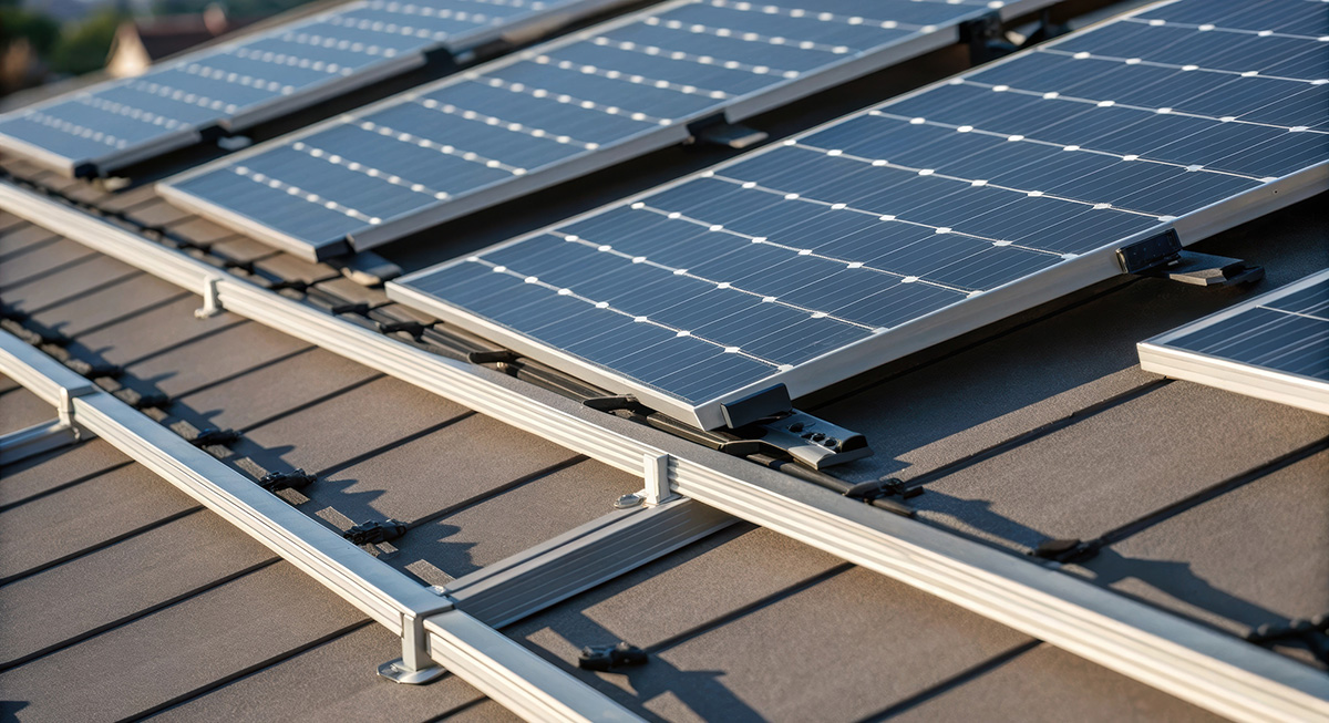 A closeup of solar panel mounts arranged in a staggered configuration showcasing their angled positioning to optimize sunlight exposure.