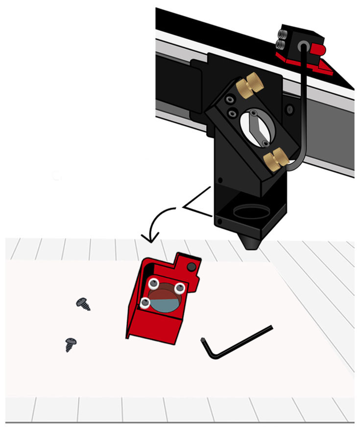 Lens holder cartridge, Allen key, two screws, on cloth