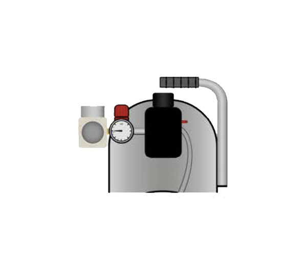 Overhead view of air compressor and red cap gauge