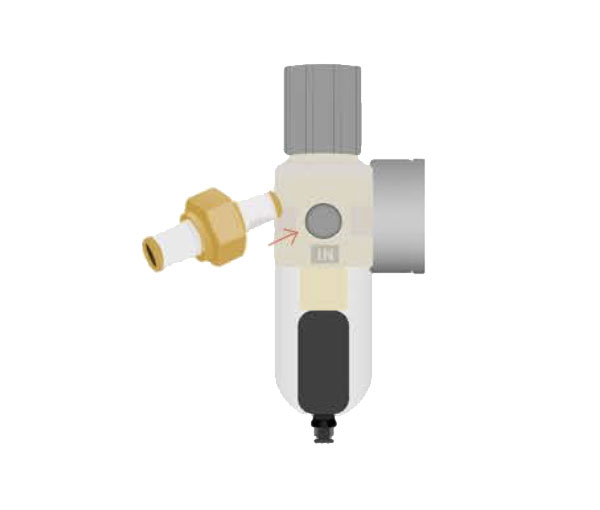barbed brass fitting into the water inlet