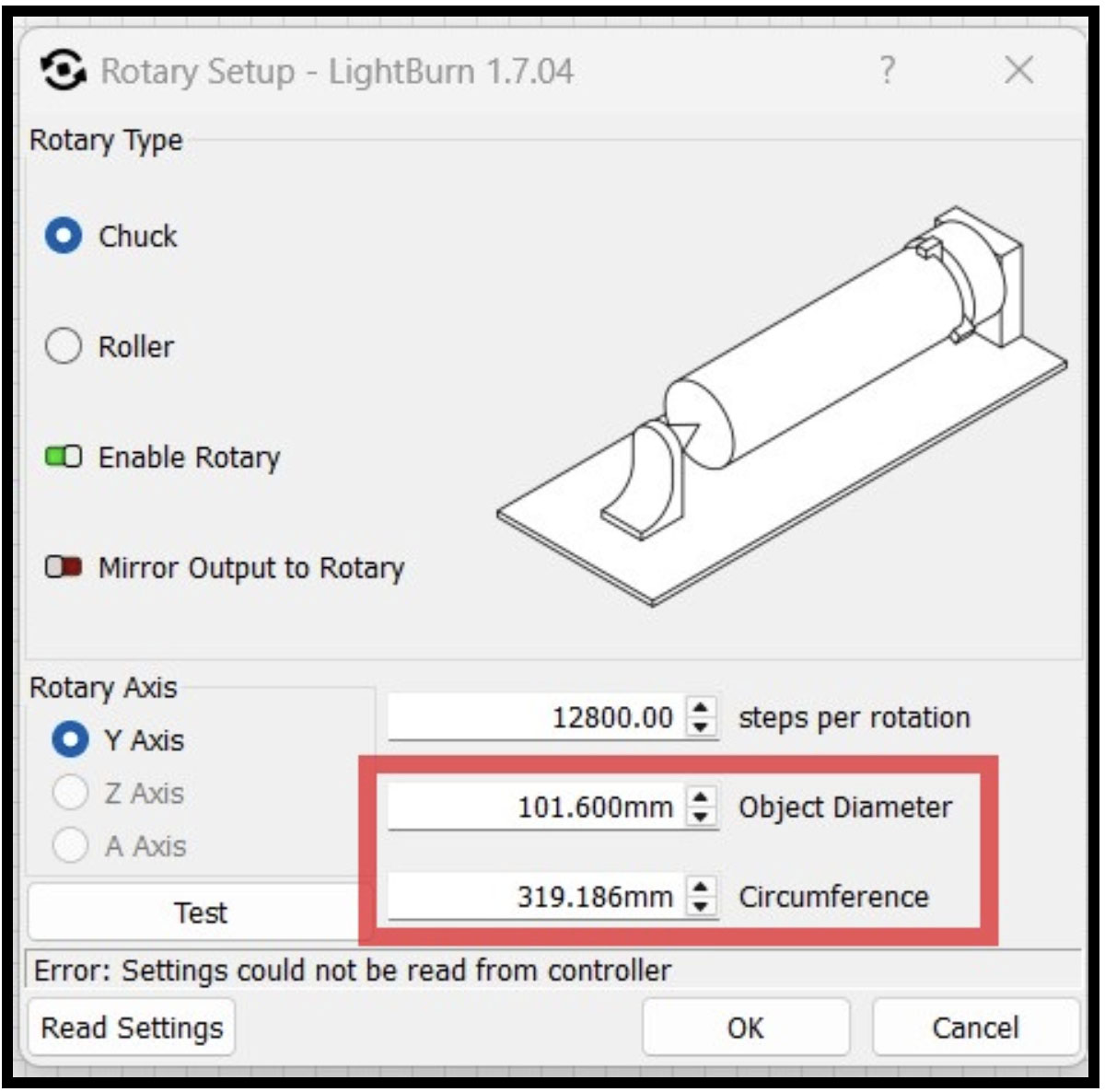 LightBurn Rotary setup