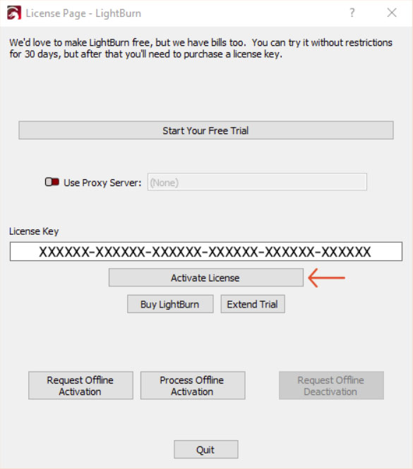LightBurn License page
