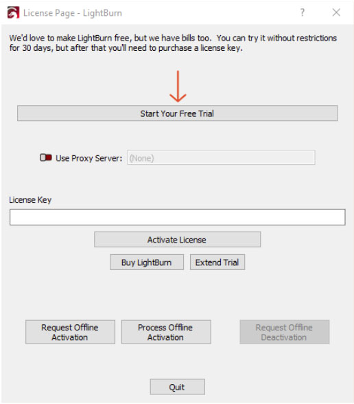 LightBurn License page