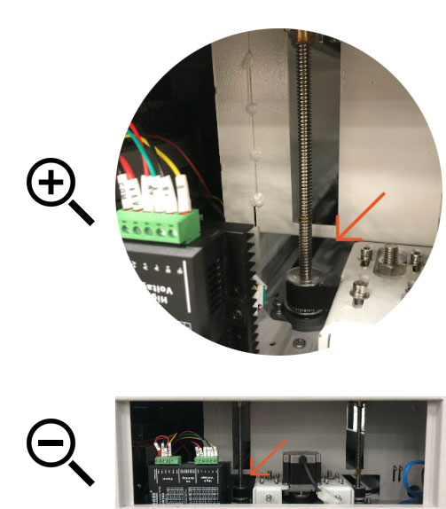 Left side panel with arrow pointing to lead screw