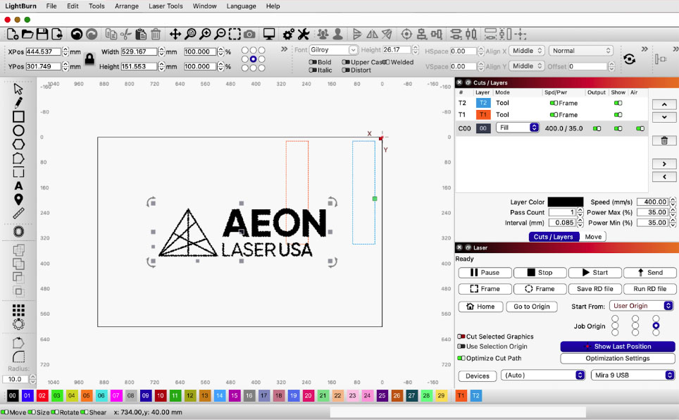 LightBurn with Aeon Laser USA logo