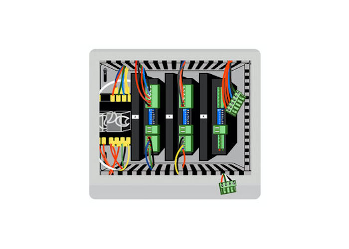 Green terminal blocks hanging from wires