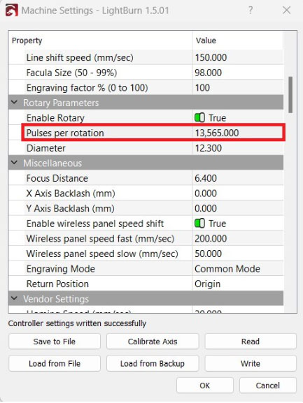 LightBurn Machine Settings window