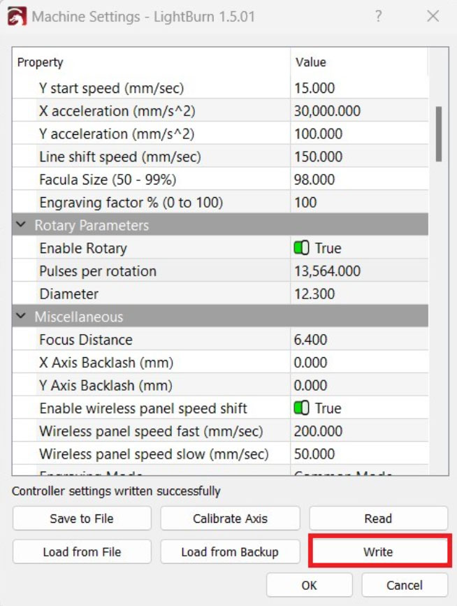 LightBurn Machine Settings window