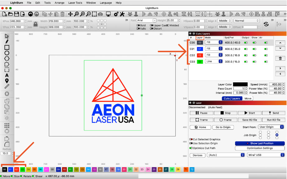 LightBurn Cuts/Layers Window