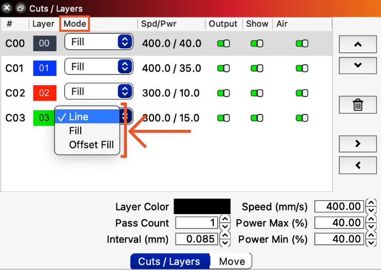 LightBurn Cuts/Layers Window