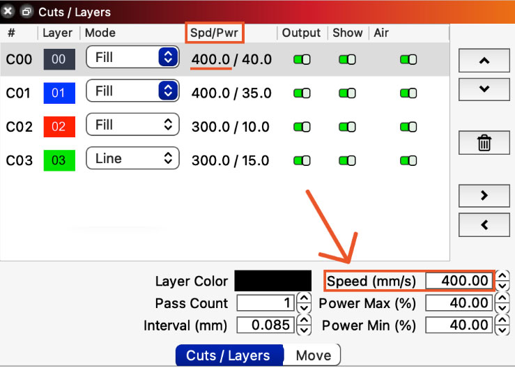 LightBurn Cuts/Layers Window