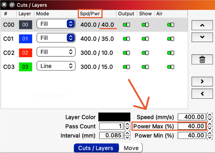 LightBurn Cuts/Layers Window