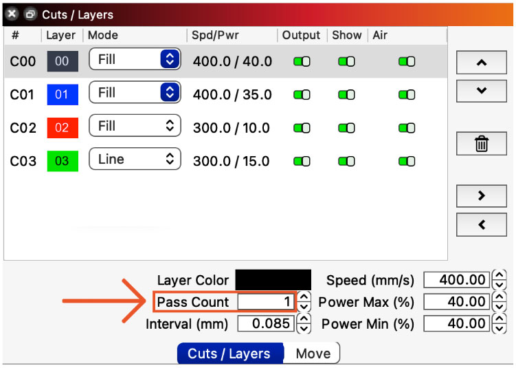 LightBurn Cuts/Layers Window