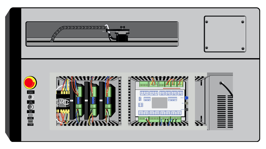 Right side of laser, with lower and upper panels removed